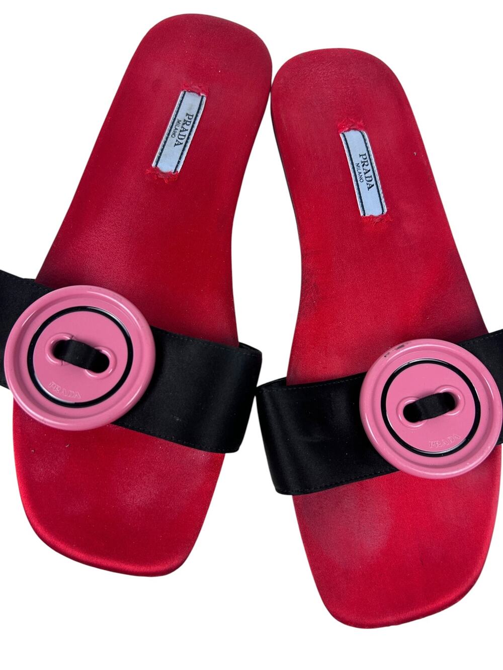 Prada Vintage 2004 Red Satin Square Toe Large Button Detail Slide Sandals 9